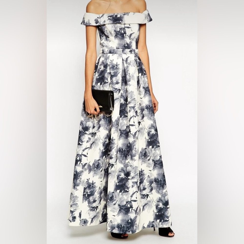 Premium Bardot Dress (off shoulder) In Floral Print from ASOS
